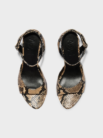 Aeyde | Jada Leather Heeled Sandals for Women | Hazelnut Snake | Round Toe | High Heel | Front View