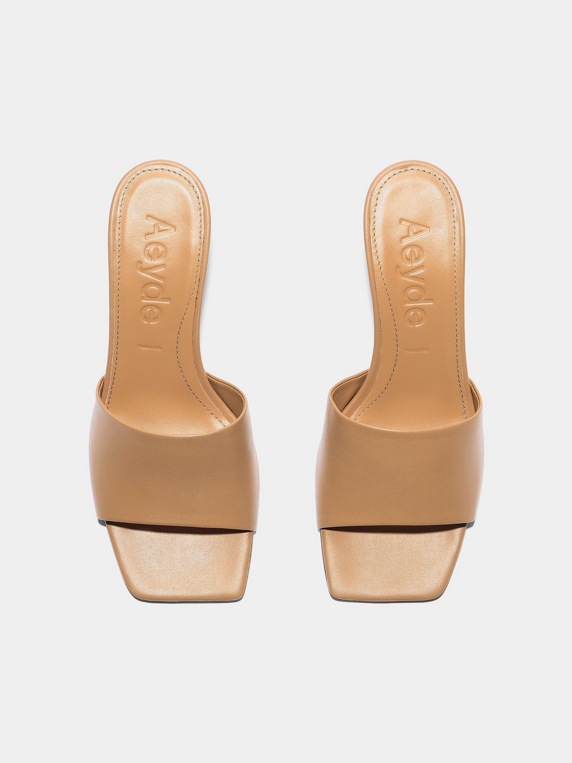 Aeyde | Jessie Leather Heeled Sandals for Women | Hazelnut Nappa | Square Toe | Mid Heel | Front View