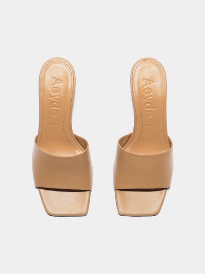 Aeyde | Jessie Leather Heeled Sandals for Women | Hazelnut Nappa | Square Toe | Mid Heel | Front View