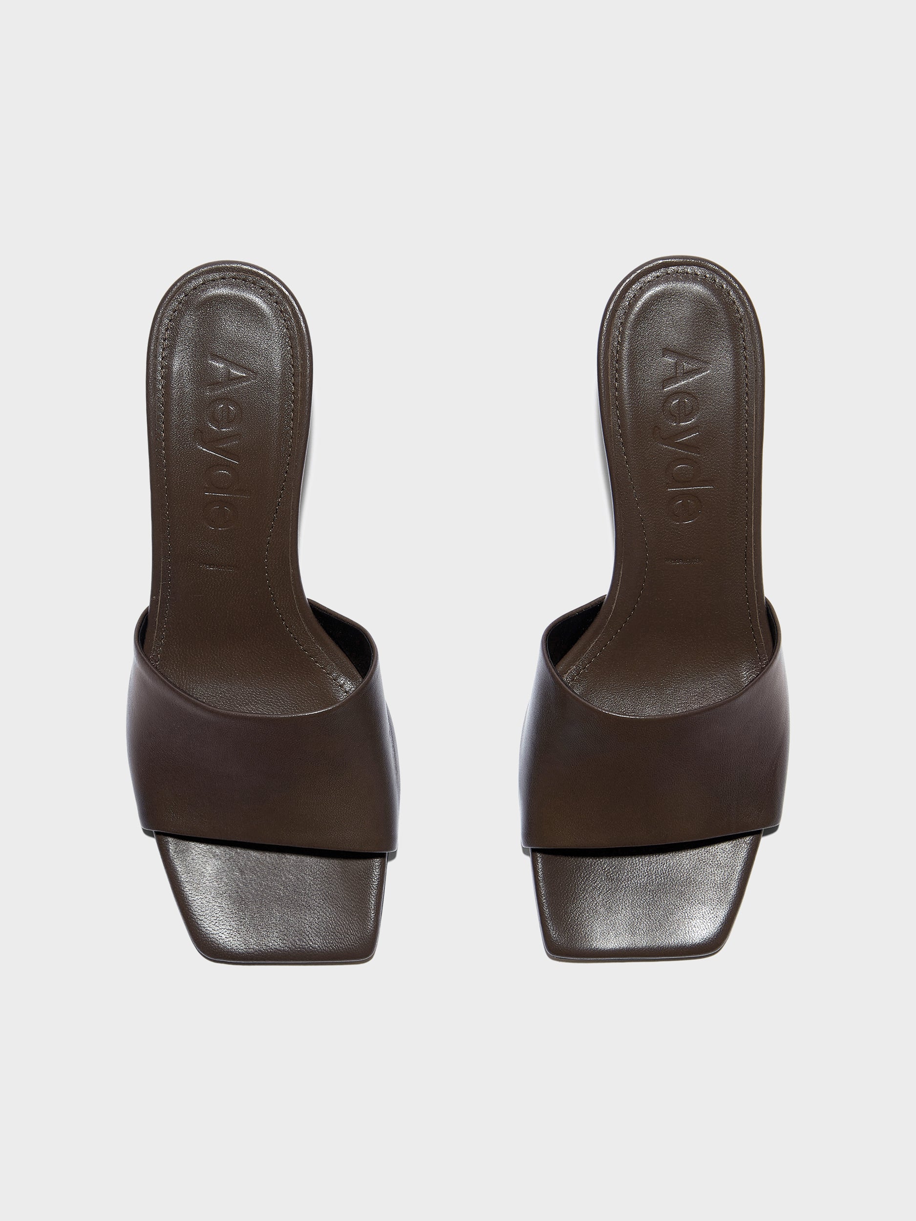 Aeyde | Jessie Leather Heeled Sandals for Women | Moka Nappa | Square Toe | Mid Heel | Front View