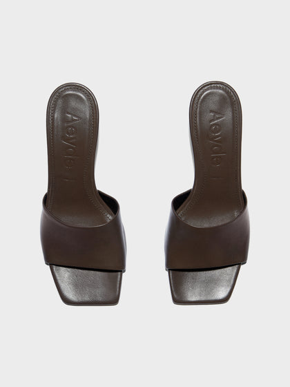Aeyde | Jessie Leather Heeled Sandals for Women | Moka Nappa | Square Toe | Mid Heel | Front View