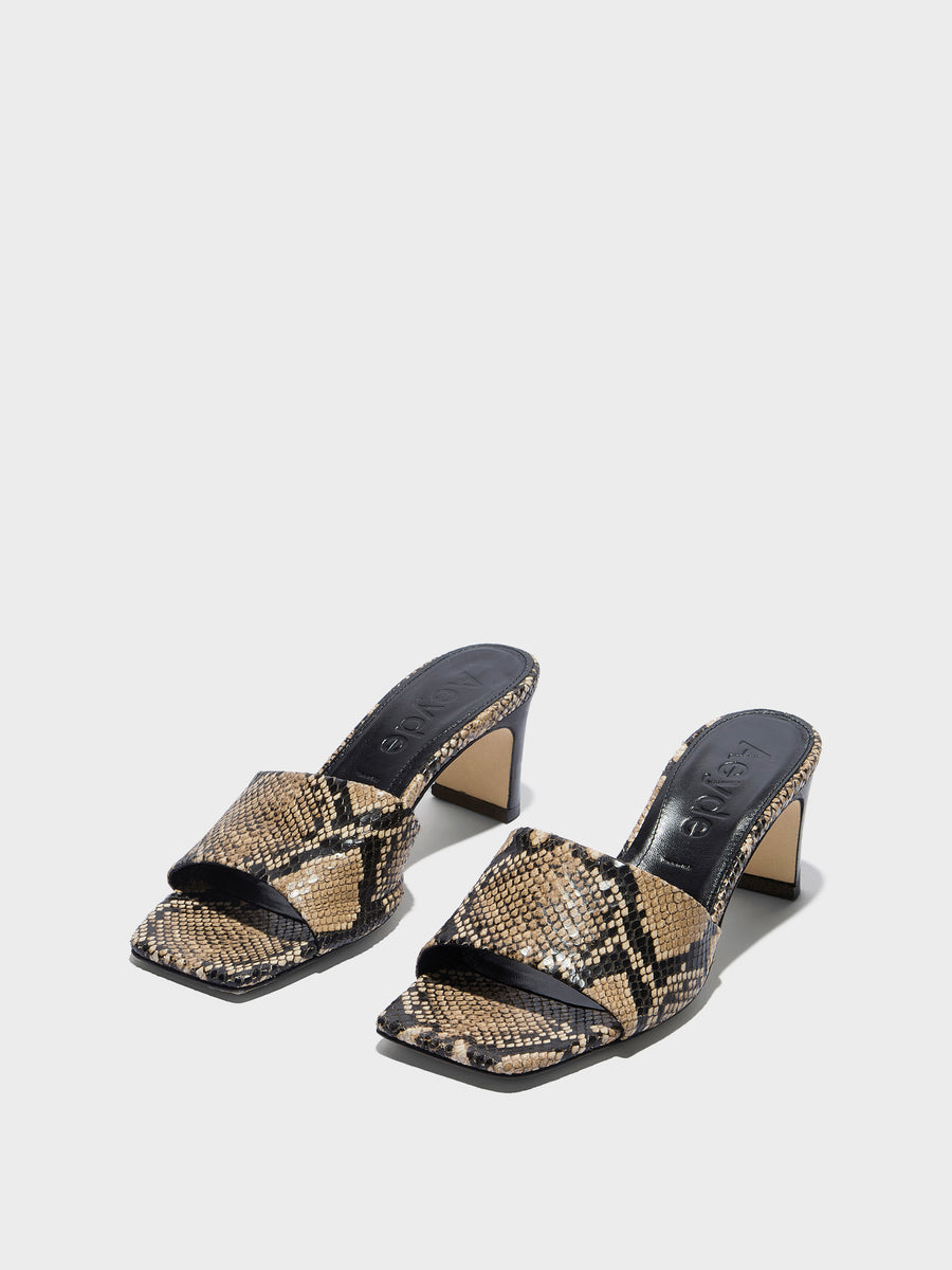 Aeyde | Jessie Leather Heeled Sandals for Women | Hazelnut Snake | Square Toe | Mid Heel | Luxury Materials | Handmade in Italy