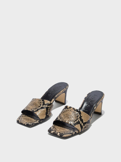 Aeyde | Jessie Leather Heeled Sandals for Women | Hazelnut Snake | Square Toe | Mid Heel | Luxury Materials | Handmade in Italy
