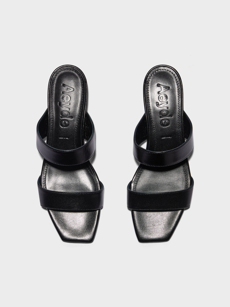 Aeyde | Kemi Leather Heeled Sandals for Women | Black Nappa | Square Toe | Mid Heel | Front View