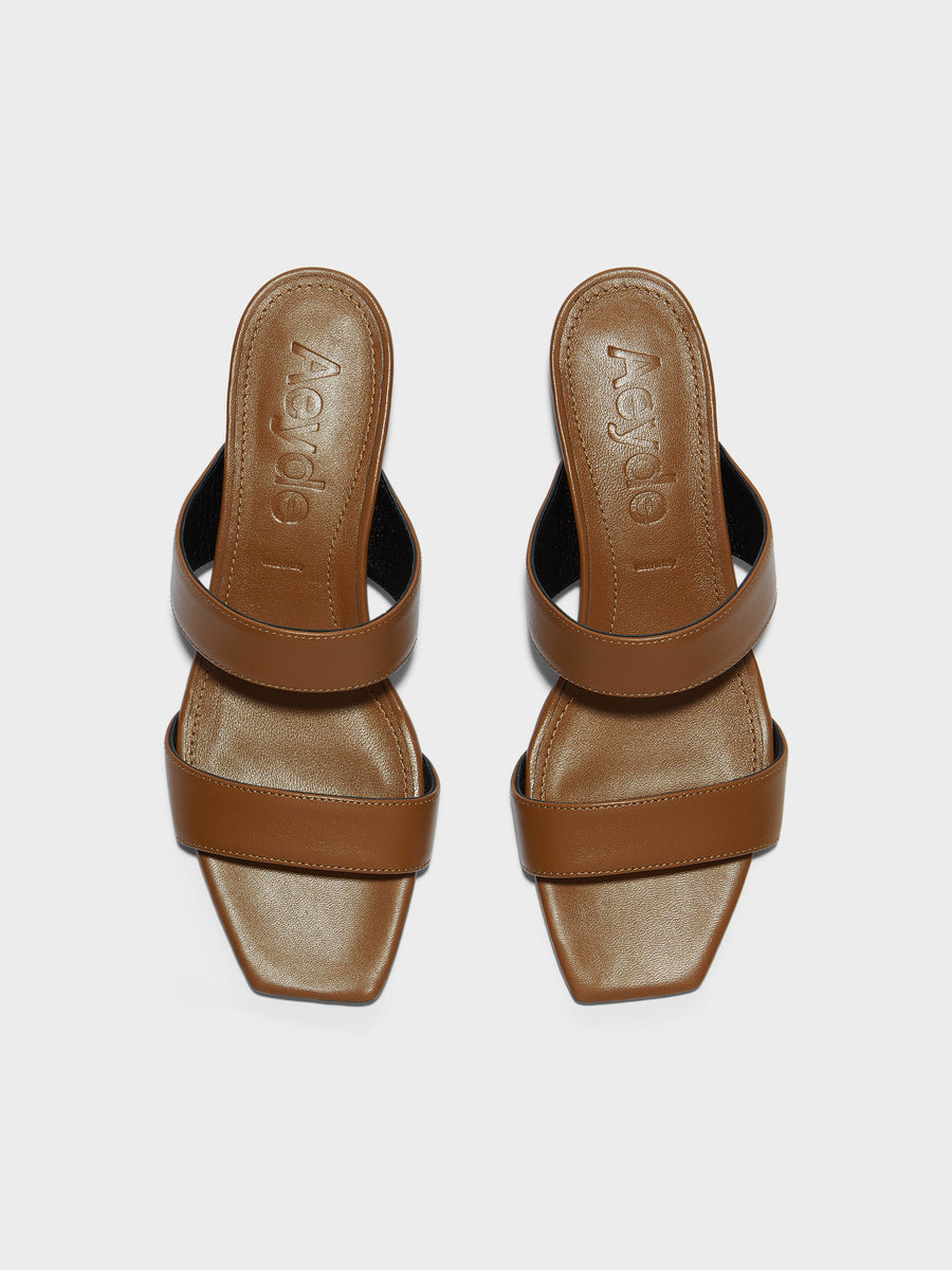 Aeyde | Kemi Leather Heeled Sandals for Women | Tobacco Nappa | Square Toe | Mid Heel | Front View