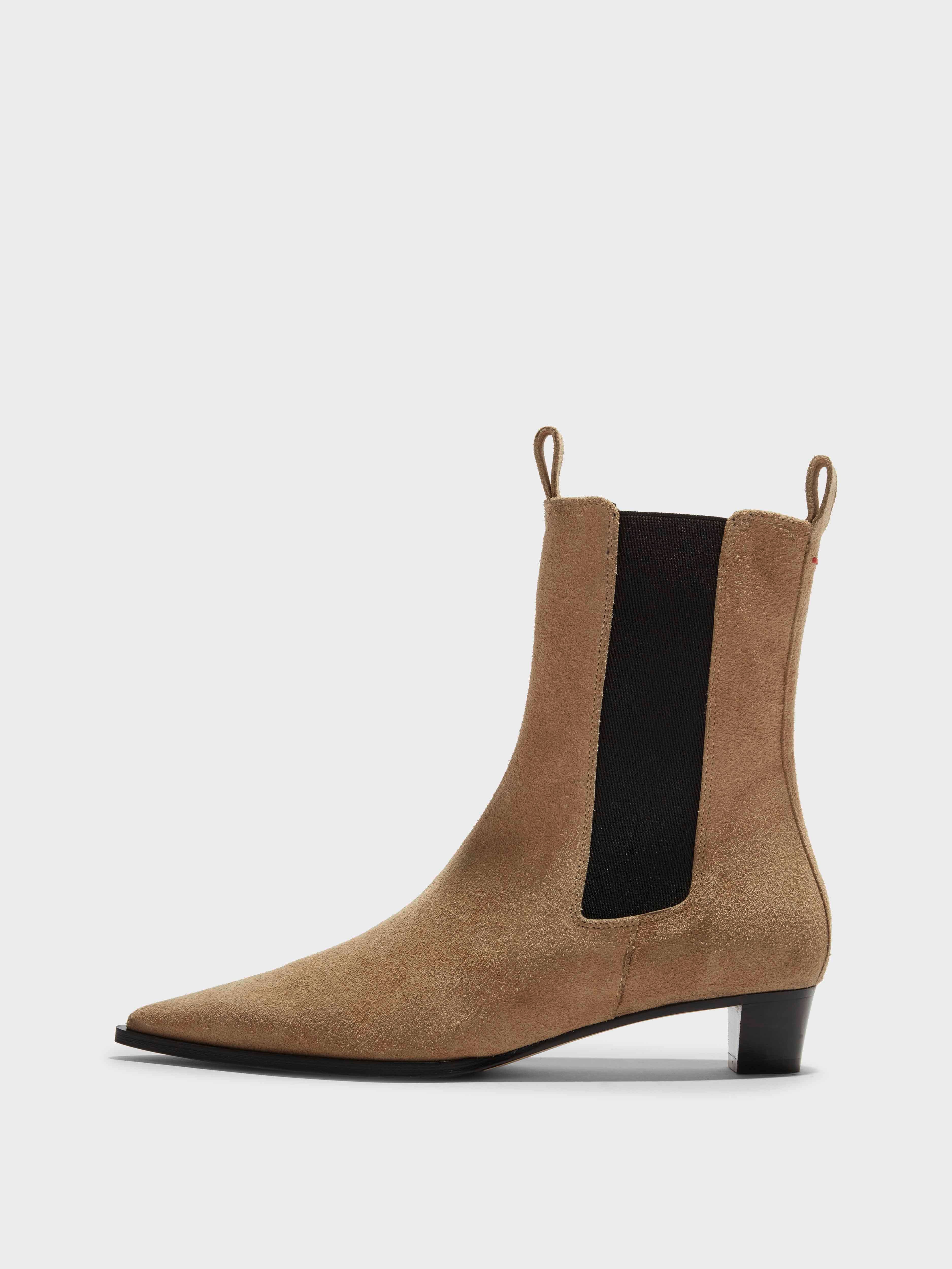 Aeyde | Kiki Suede Chelsea Boots Leather Ankle Boots for Women | Caramel Suede | Pointed Toe | Low Heel | Side View