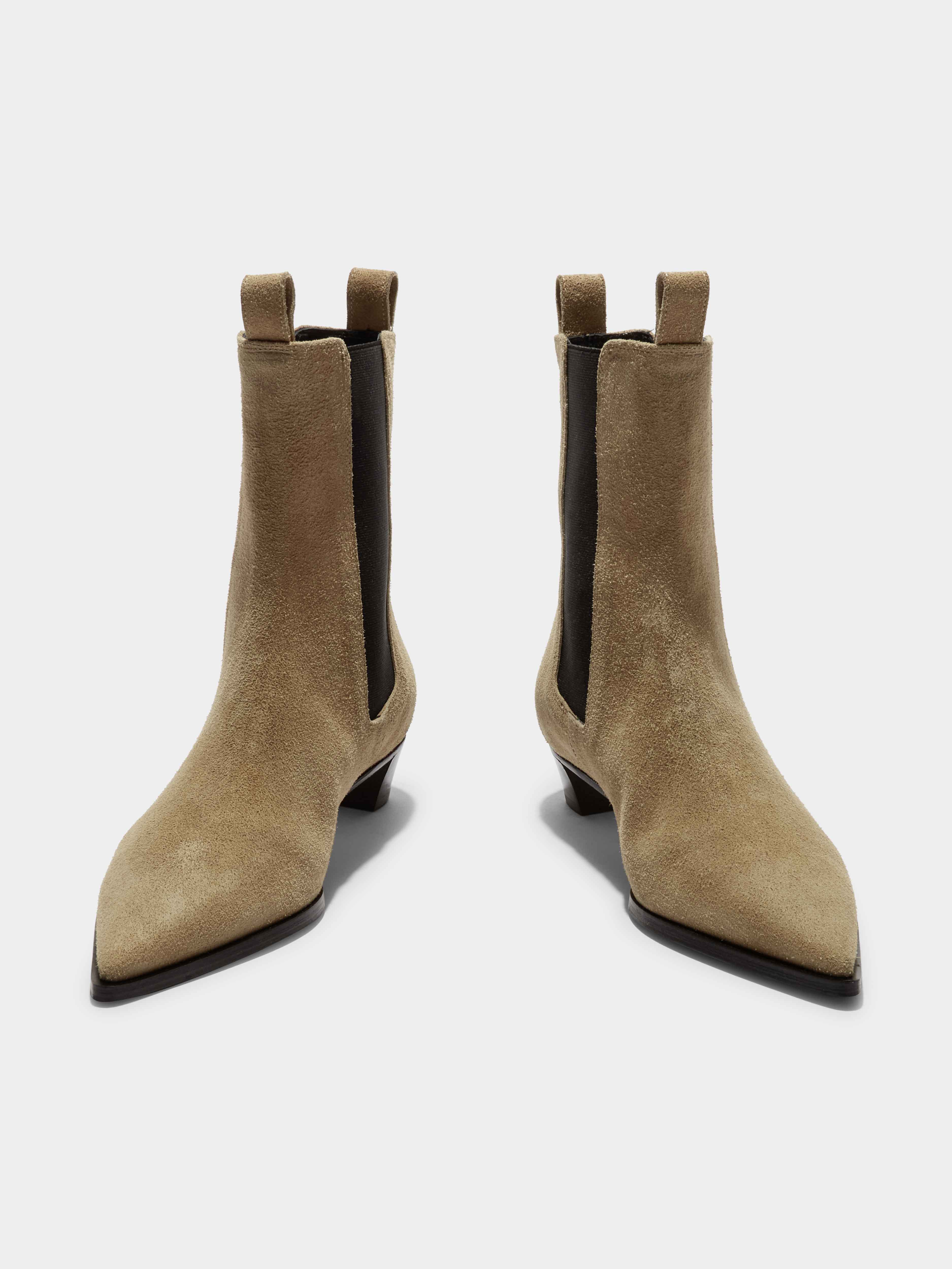 Aeyde | Kiki Suede Chelsea Boots Leather Ankle Boots for Women | Caramel Suede | Pointed Toe | Low Heel | Front View