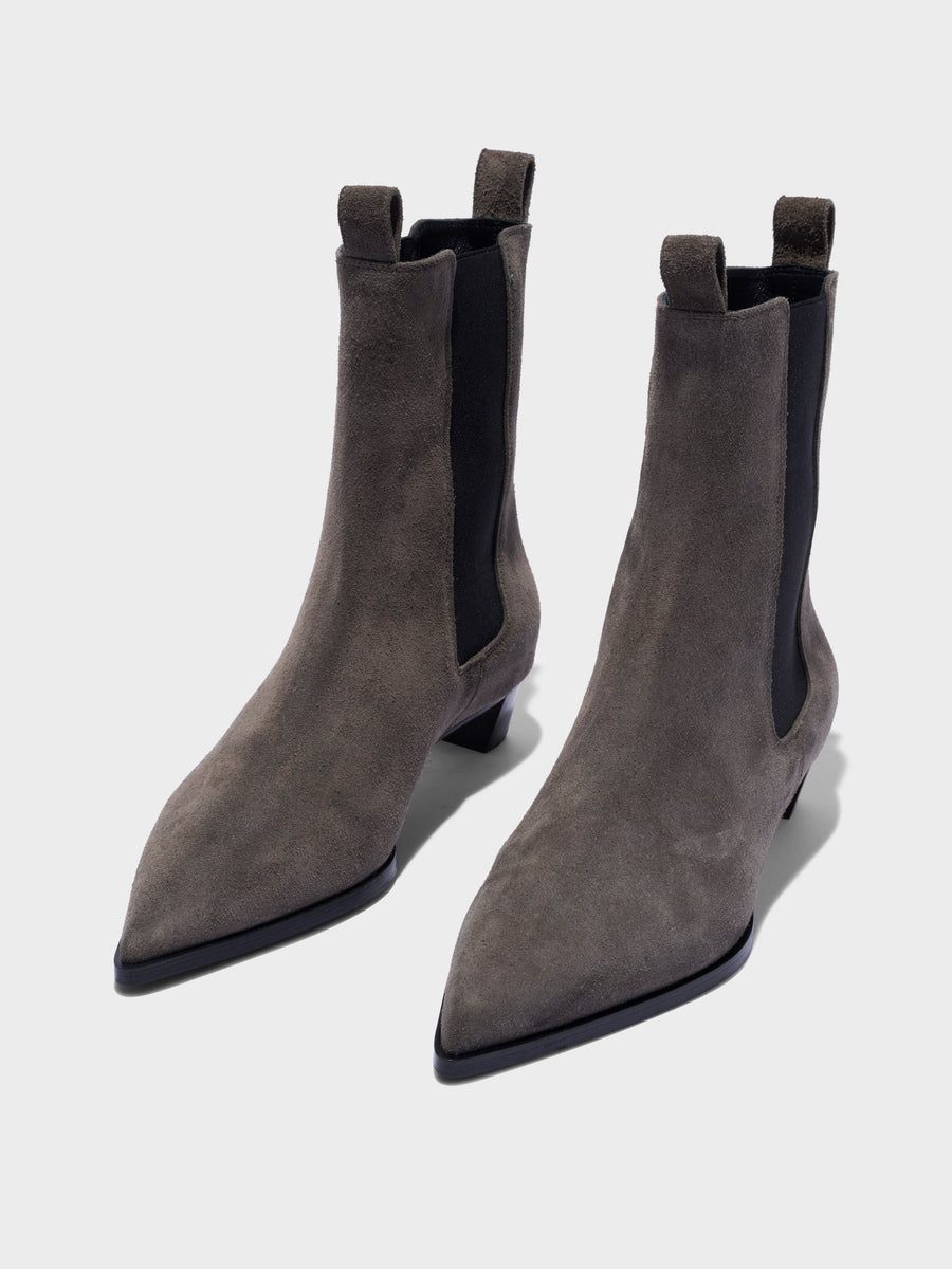 Aeyde | Kiki Suede Chelsea Boots Leather Ankle Boots for Women | Taupe Suede | Pointed Toe | Low Heel | Luxury Materials | Handmade in Italy