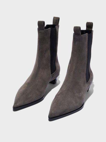 Aeyde | Kiki Suede Chelsea Boots Leather Ankle Boots for Women | Taupe Suede | Pointed Toe | Low Heel | Luxury Materials | Handmade in Italy
