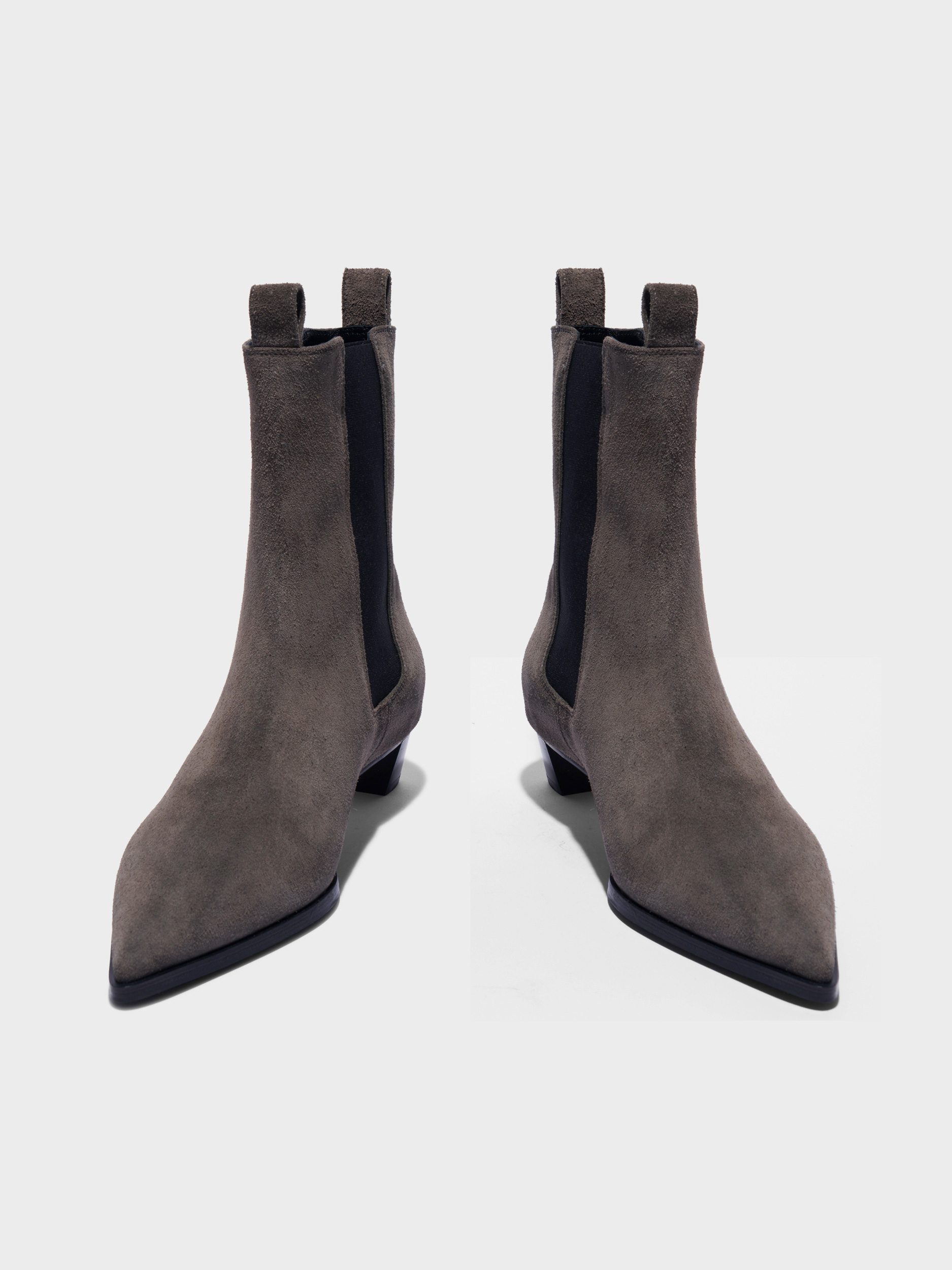 Aeyde | Kiki Suede Chelsea Boots Leather Ankle Boots for Women | Taupe Suede | Pointed Toe | Low Heel | Front View