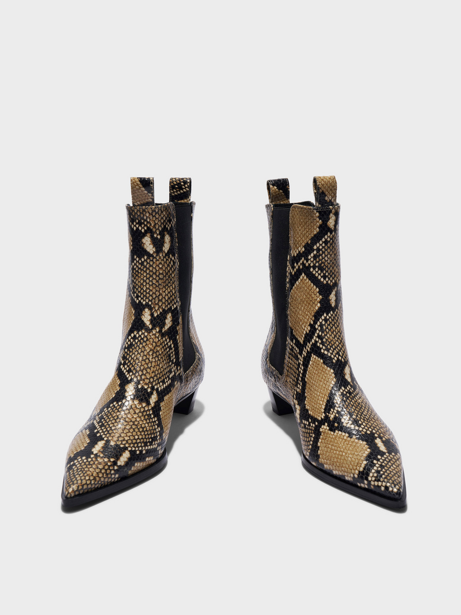 Aeyde | Kiki Leather Chelsea Boots Leather Ankle Boots for Women | Hazelnut Snake | Pointed Toe | Low Heel | Front View