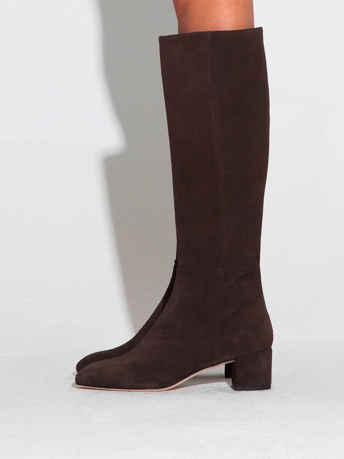 Aeyde | Laura Suede Knee-High Boots Leather Knee High Boots for Women | Moka Suede | Square Toe | Mid Heel | How to Style
