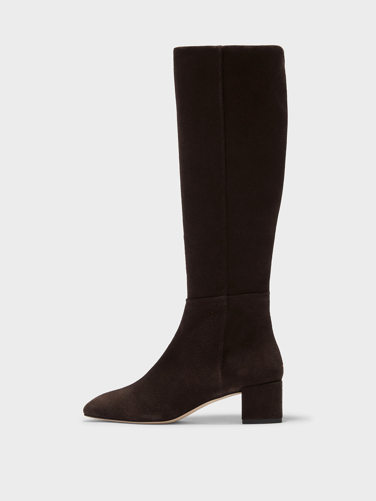 Aeyde | Laura Suede Knee-High Boots Leather Knee High Boots for Women | Moka Suede | Square Toe | Mid Heel | Side View