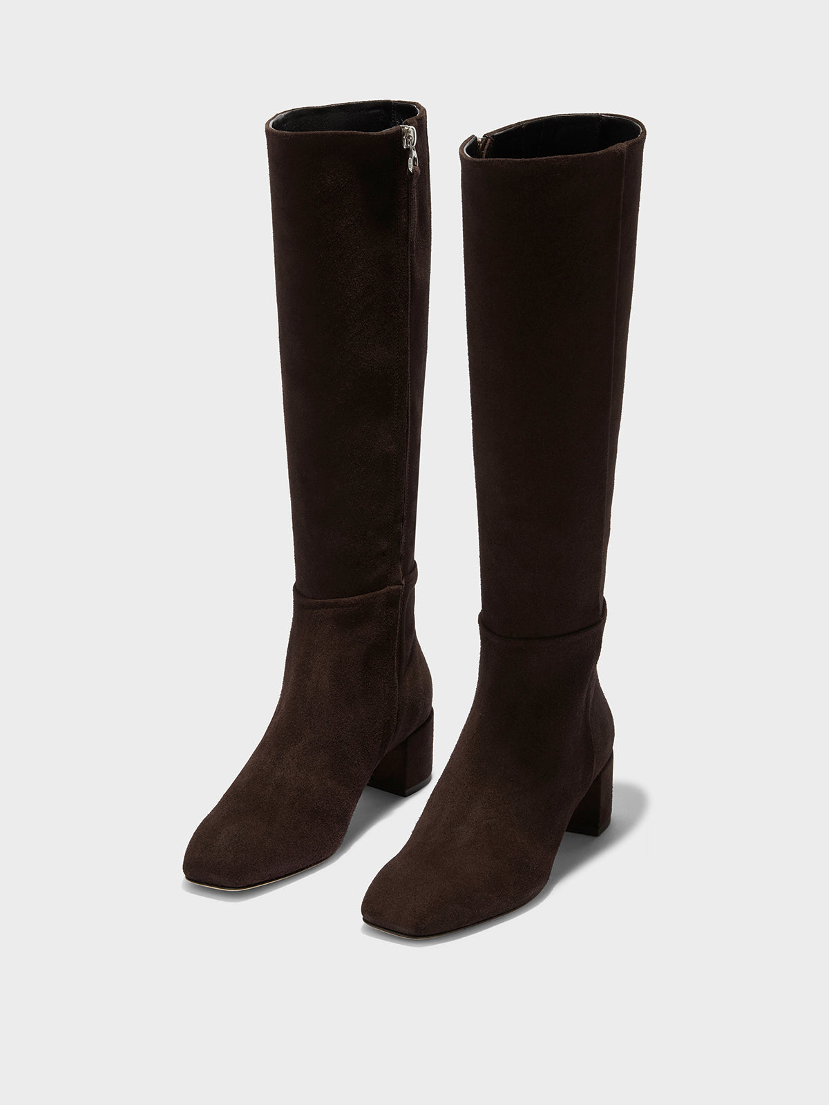 Aeyde | Laura Suede Knee-High Boots Leather Knee High Boots for Women | Moka Suede | Square Toe | Mid Heel | On Feet