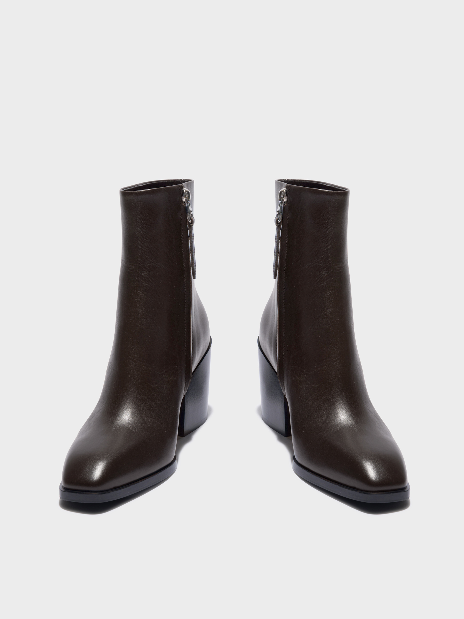Aeyde | Leandra Leather Ankle Boots Leather Ankle Boots for Women | Moka Calf | Square Toe | High Heel | Front View