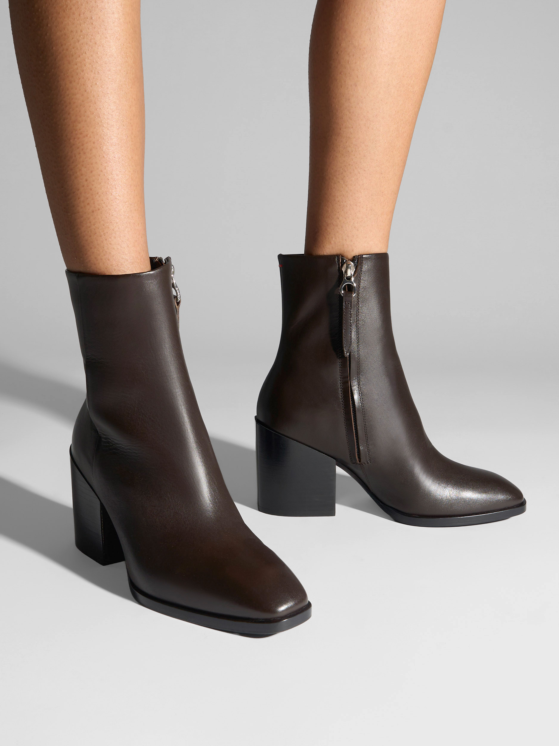 Aeyde | Leandra Leather Ankle Boots Leather Ankle Boots for Women | Moka Calf | Square Toe | High Heel | On Feet