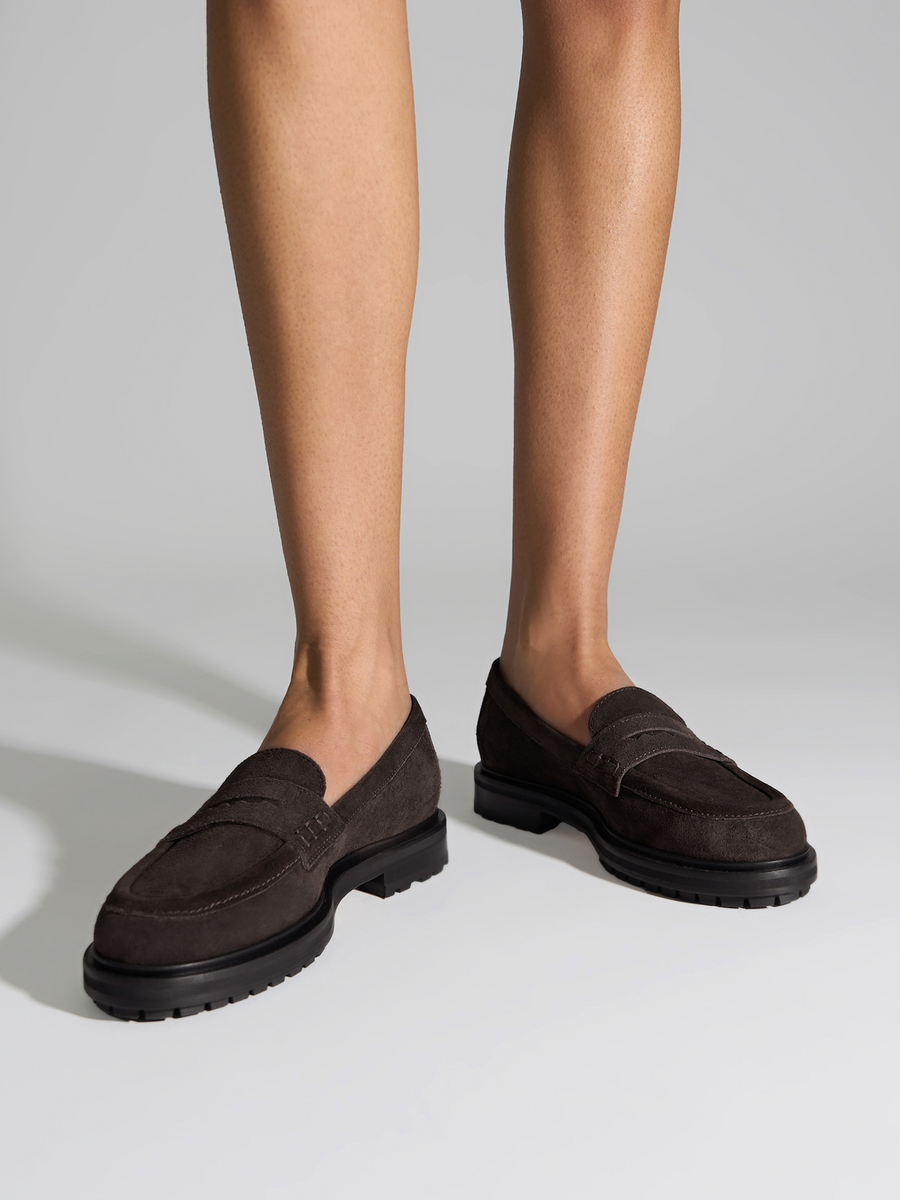 Aeyde | Leon Suede Loafers Leather Flats for Women | Moka Suede | Round Toe | Low Heel | On Feet