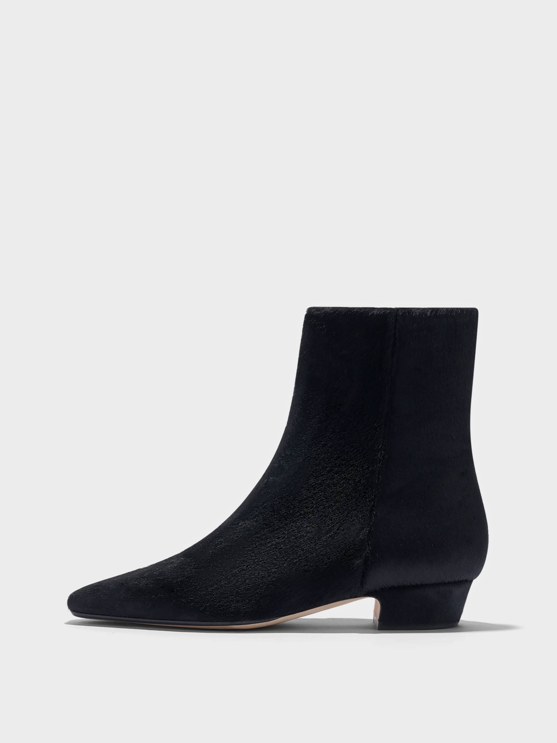 Aeyde | Lilia Pony Hair Ankle Boots Leather Ankle Boots for Women | Black Ponyhair | Square Toe | Low Heel | Side View