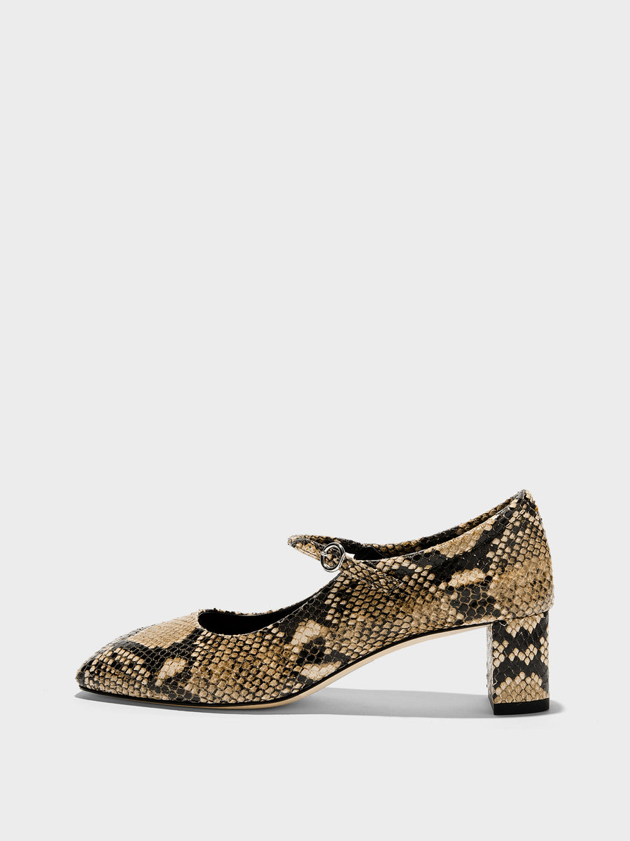 Aeyde | Lina Leather Pumps for Women | Hazelnut Snake | Square Toe | Low Heel | Side View