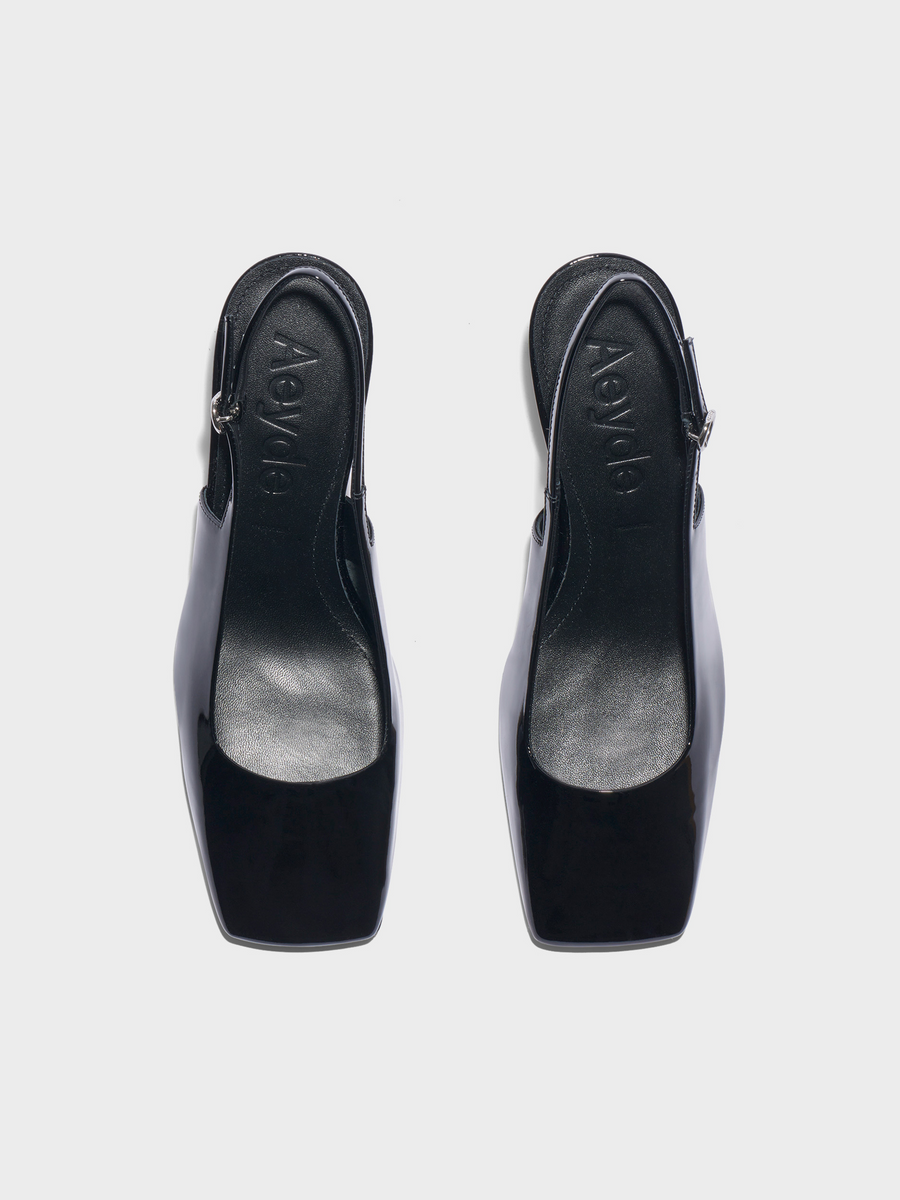 Aeyde | Liza Slingback Pumps Leather Pumps for Women | Black Patent | Square Toe | Mid Heel | Front View