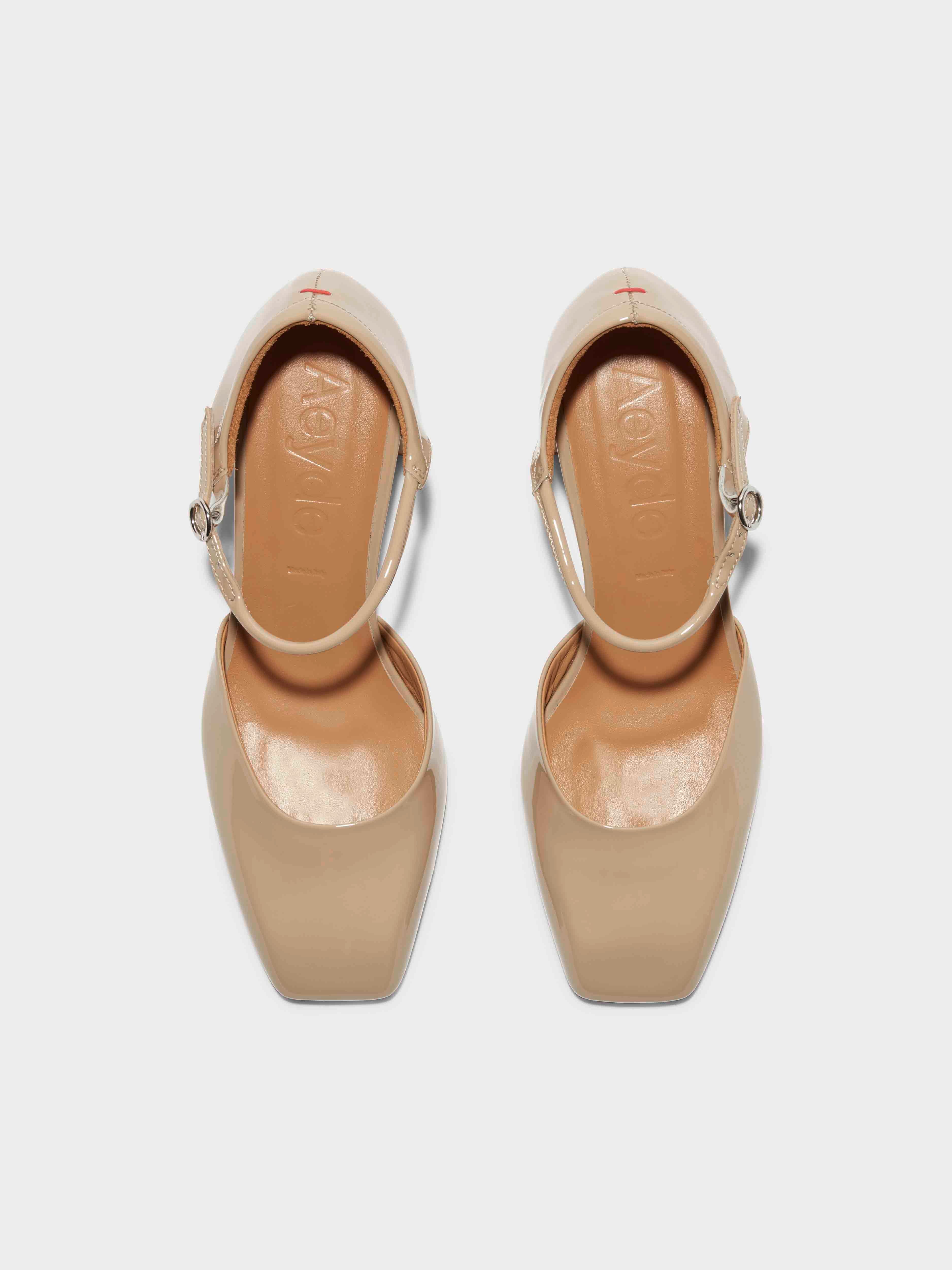Aeyde | Magda Leather Mary-Jane Pumps Leather Pumps for Women | Latte Patent | Square Toe | Flat Heel | Front View