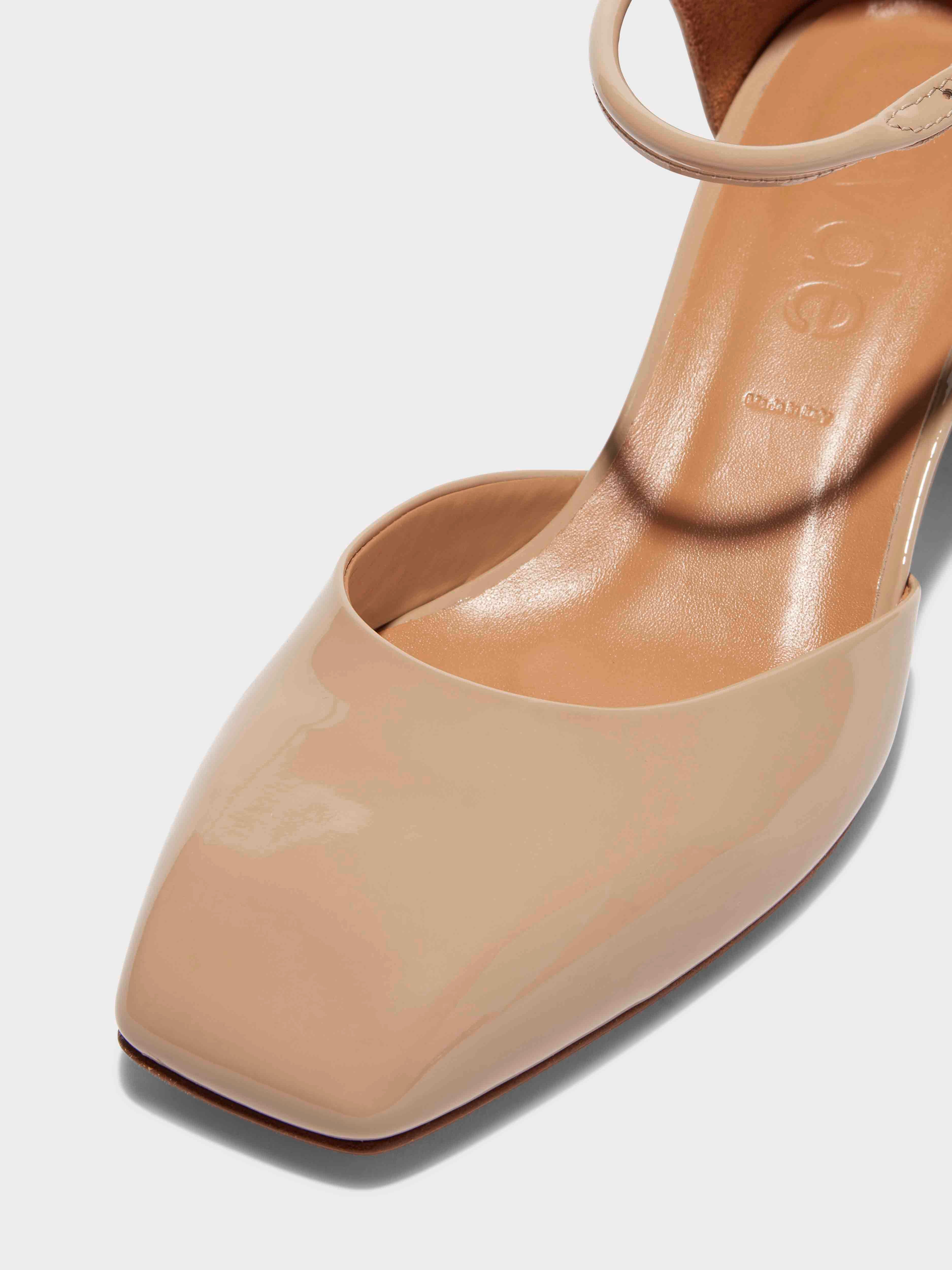 Aeyde | Magda Leather Mary-Jane Pumps Leather Pumps for Women | Latte Patent | Square Toe | Flat Heel | Luxury Materials | Handmade in Italy