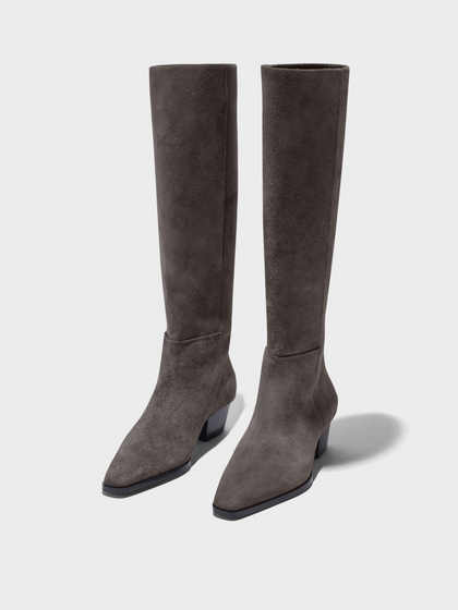 Aeyde | Medea Knee-High Boots Leather Knee High Boots for Women | Taupe Suede | Square Toe | Mid Heel | Luxury Materials | Handmade in Italy