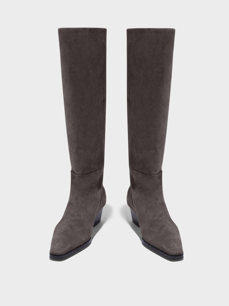 Aeyde | Medea Knee-High Boots Leather Knee High Boots for Women | Taupe Suede | Square Toe | Mid Heel | Front View
