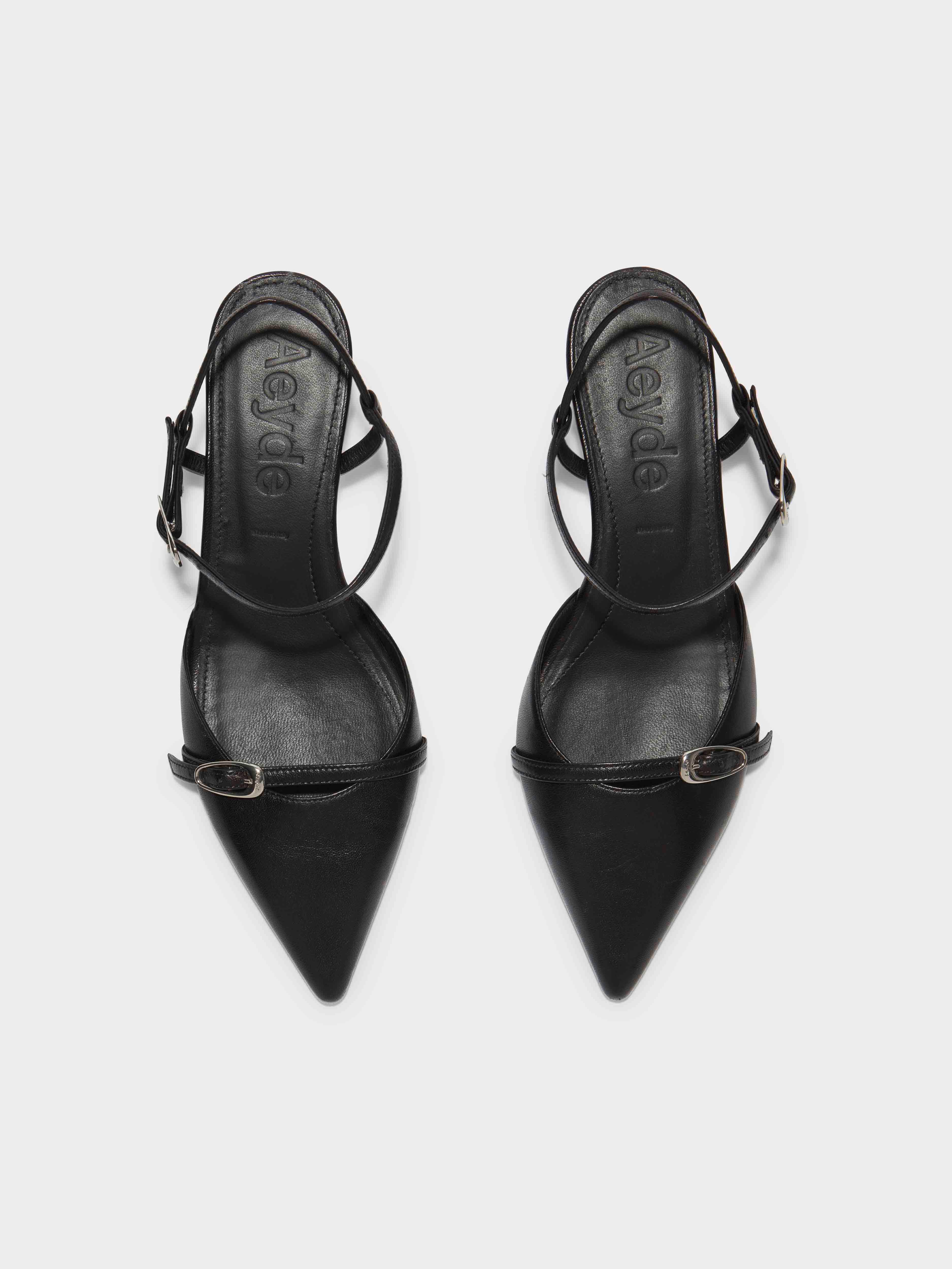Aeyde | Melia Leather Kitten-Heel Pumps Leather Pumps for Women | Black Nappa | Pointed Toe | Low Heel | Front View