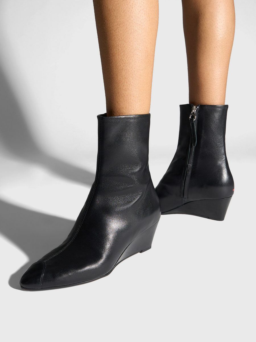 Aeyde | Mia Cap Leather Ankle Boots for Women | Black Nappa | Round Toe | Mid Heel | On Feet