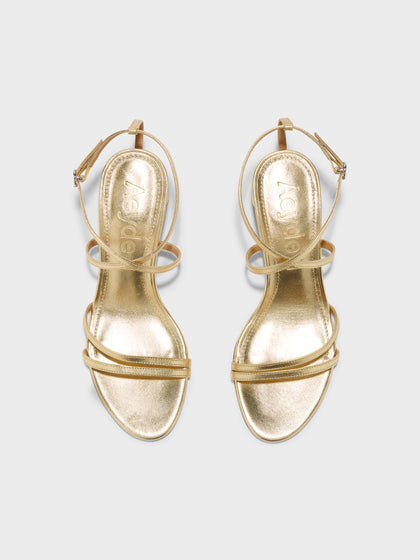 Aeyde | Mirella Leather Heeled Sandals for Women | Gold Nappa | Round Toe | Mid Heel | Front View