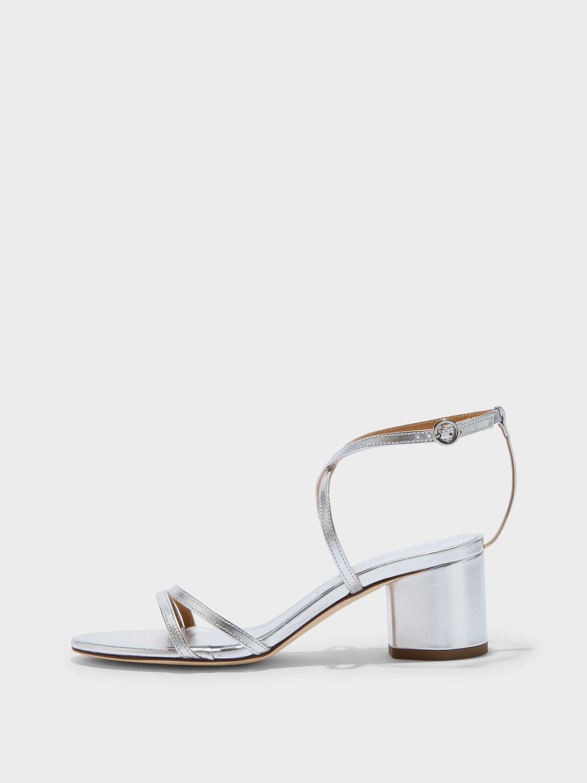 Aeyde | Mirella Leather Heeled Sandals for Women | Silver Nappa | Round Toe | Mid Heel | Side View