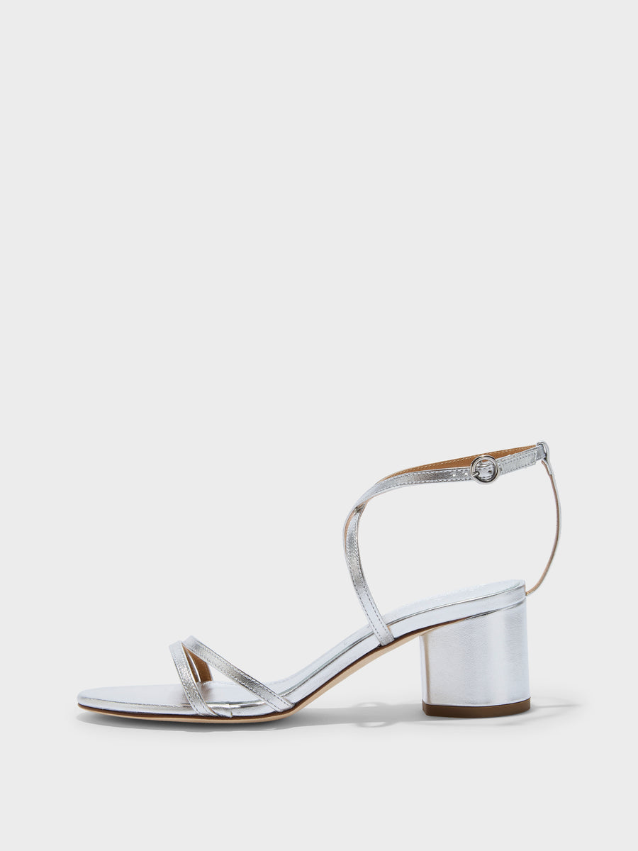 Aeyde | Mirella Leather Heeled Sandals for Women | Silver Nappa | Round Toe | Mid Heel | Side View