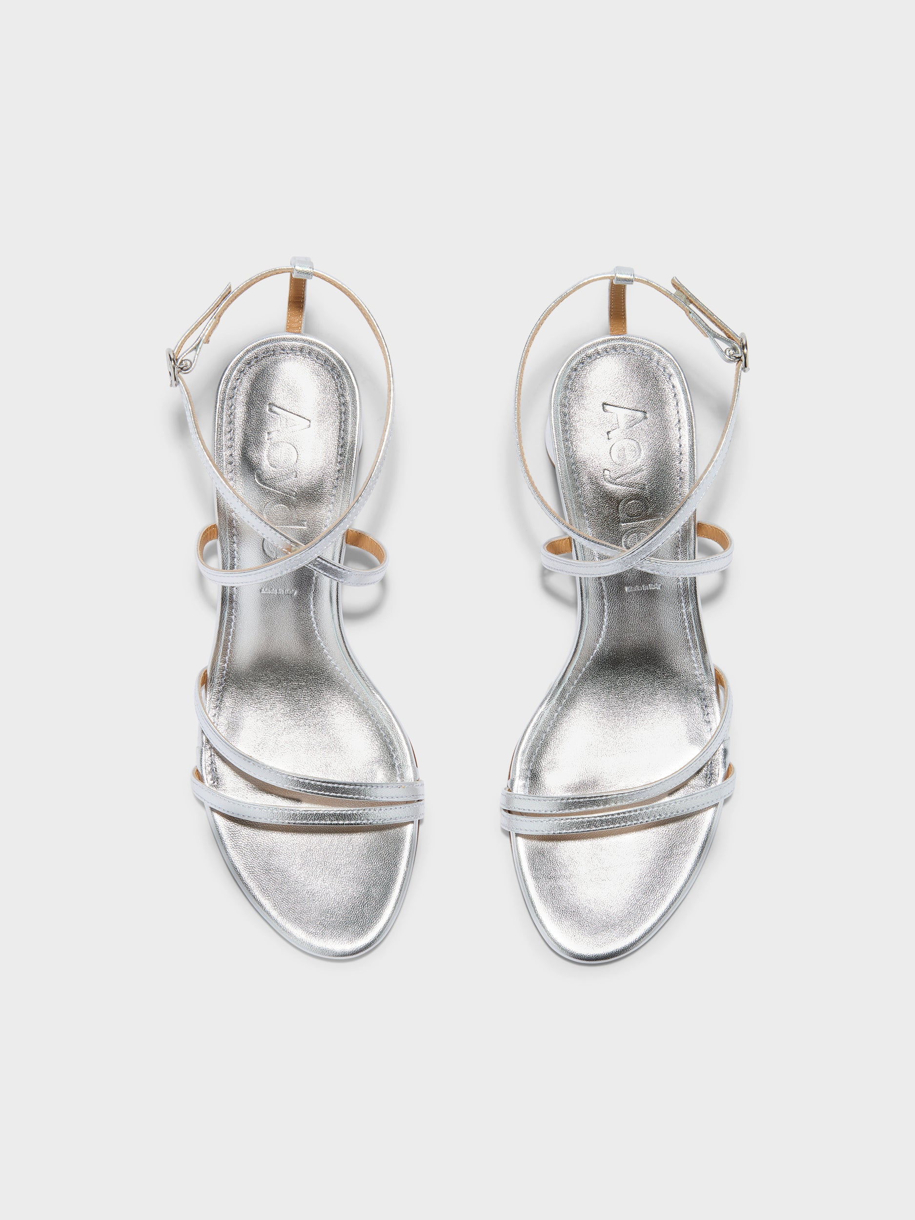 Aeyde | Mirella Leather Heeled Sandals for Women | Silver Nappa | Round Toe | Mid Heel | Front View