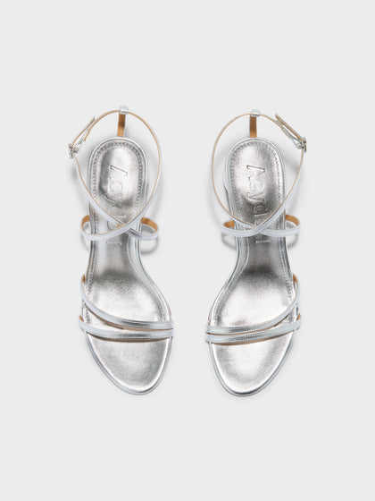 Aeyde | Mirella Leather Heeled Sandals for Women | Silver Nappa | Round Toe | Mid Heel | Front View
