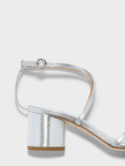 Aeyde | Mirella Leather Heeled Sandals for Women | Silver Nappa | Round Toe | Mid Heel | Heel Details