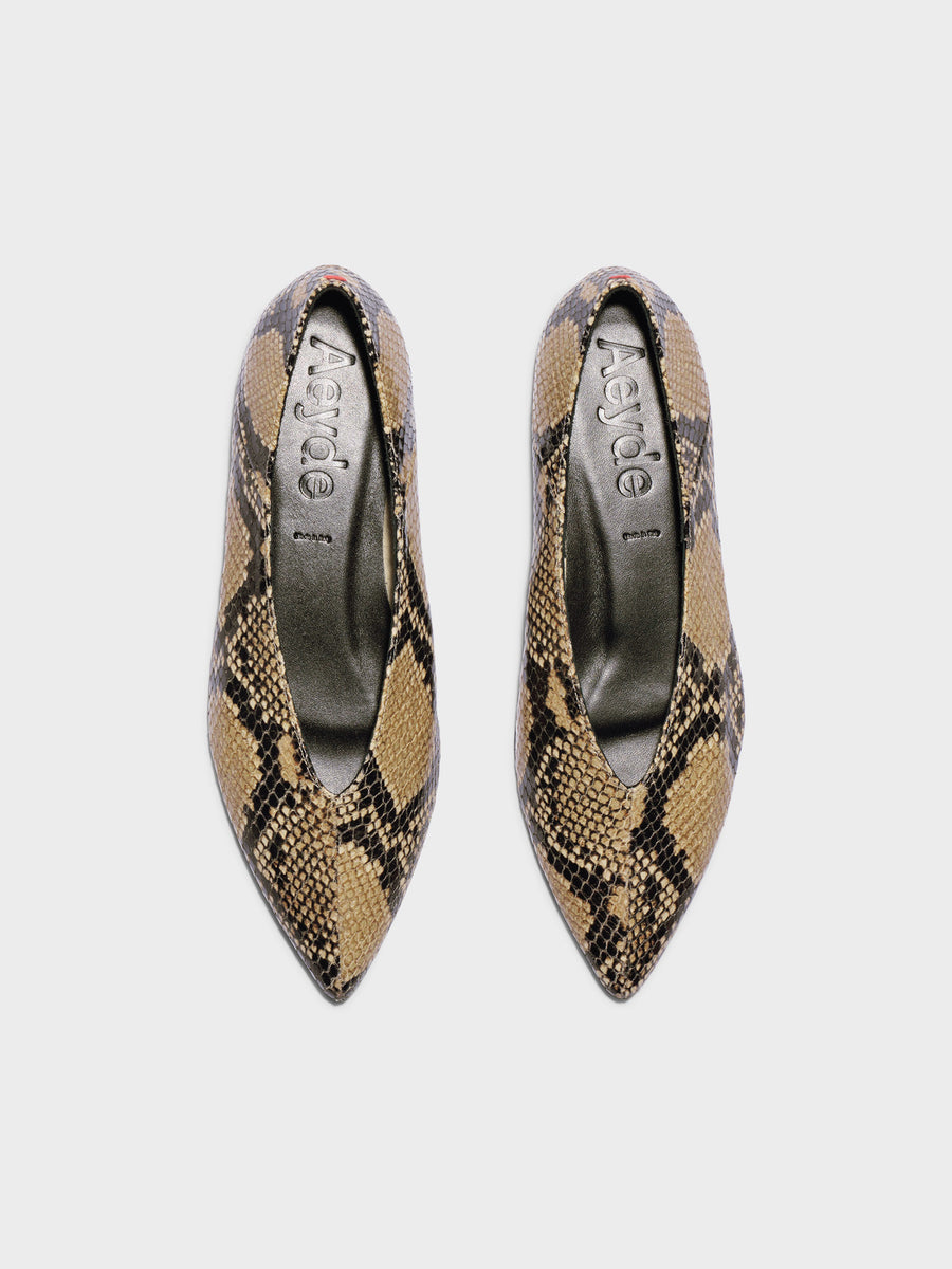Aeyde | Moa Pointed-Toe Flats Leather Flats for Women | Hazelnut Snake | Pointed Toe | Flat Heel | Front View