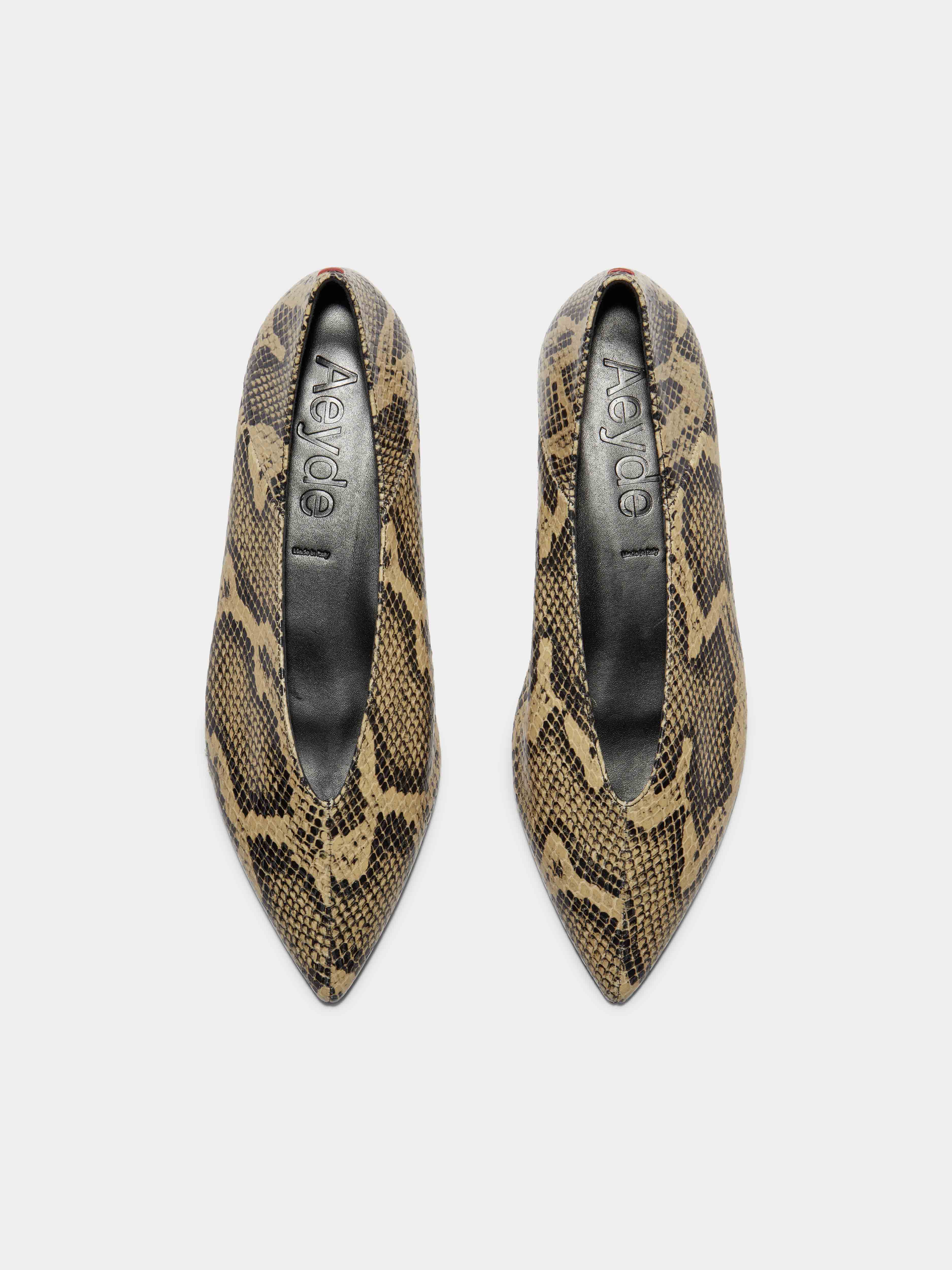 Aeyde | Moa Leather Flats for Women | Latte Snake | Pointed Toe | Flat Heel | Front View