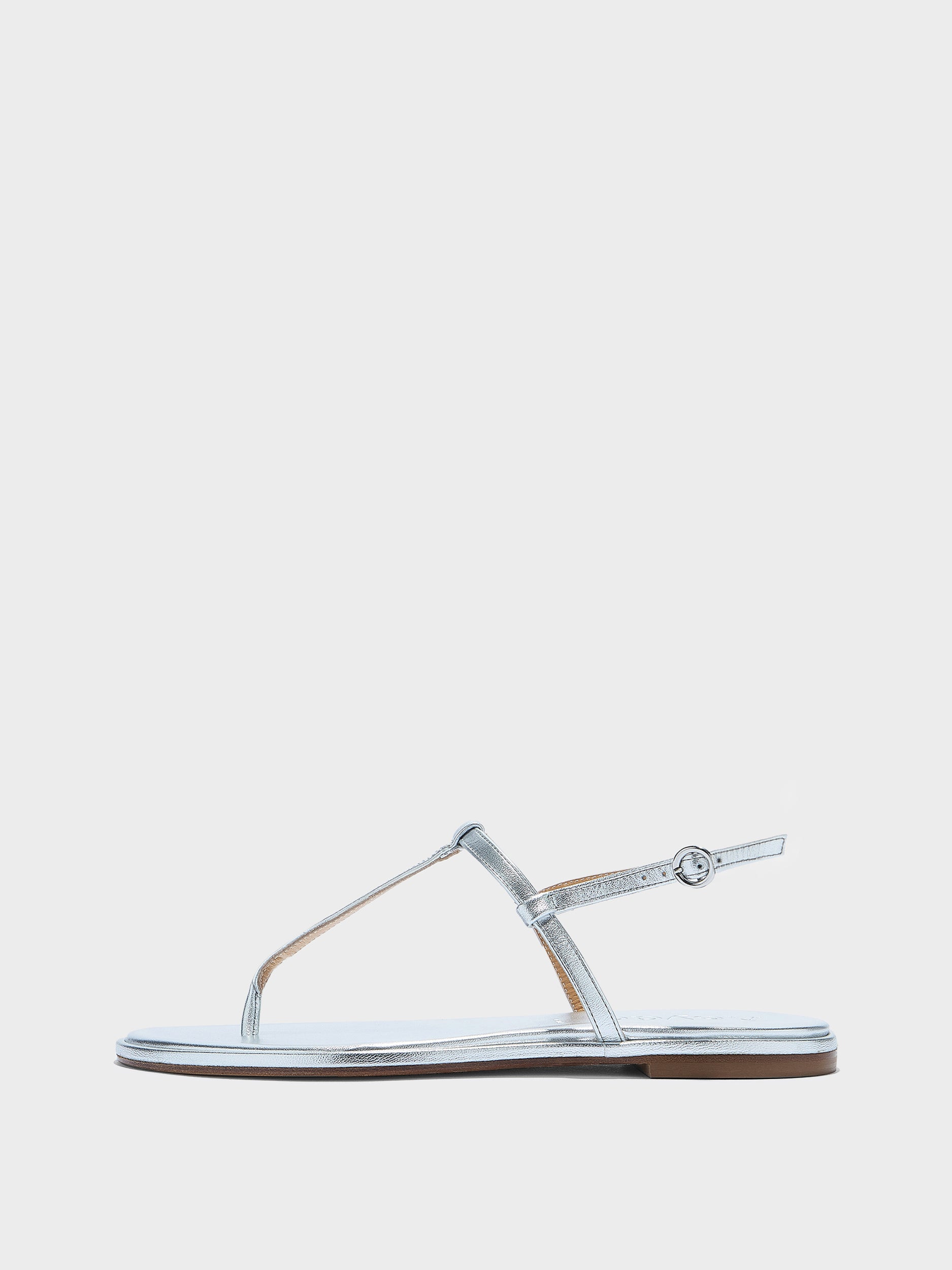 Aeyde | Nala Leather Flat Sandals for Women | Silver Nappa | Round Toe | Flat Heel | Side View