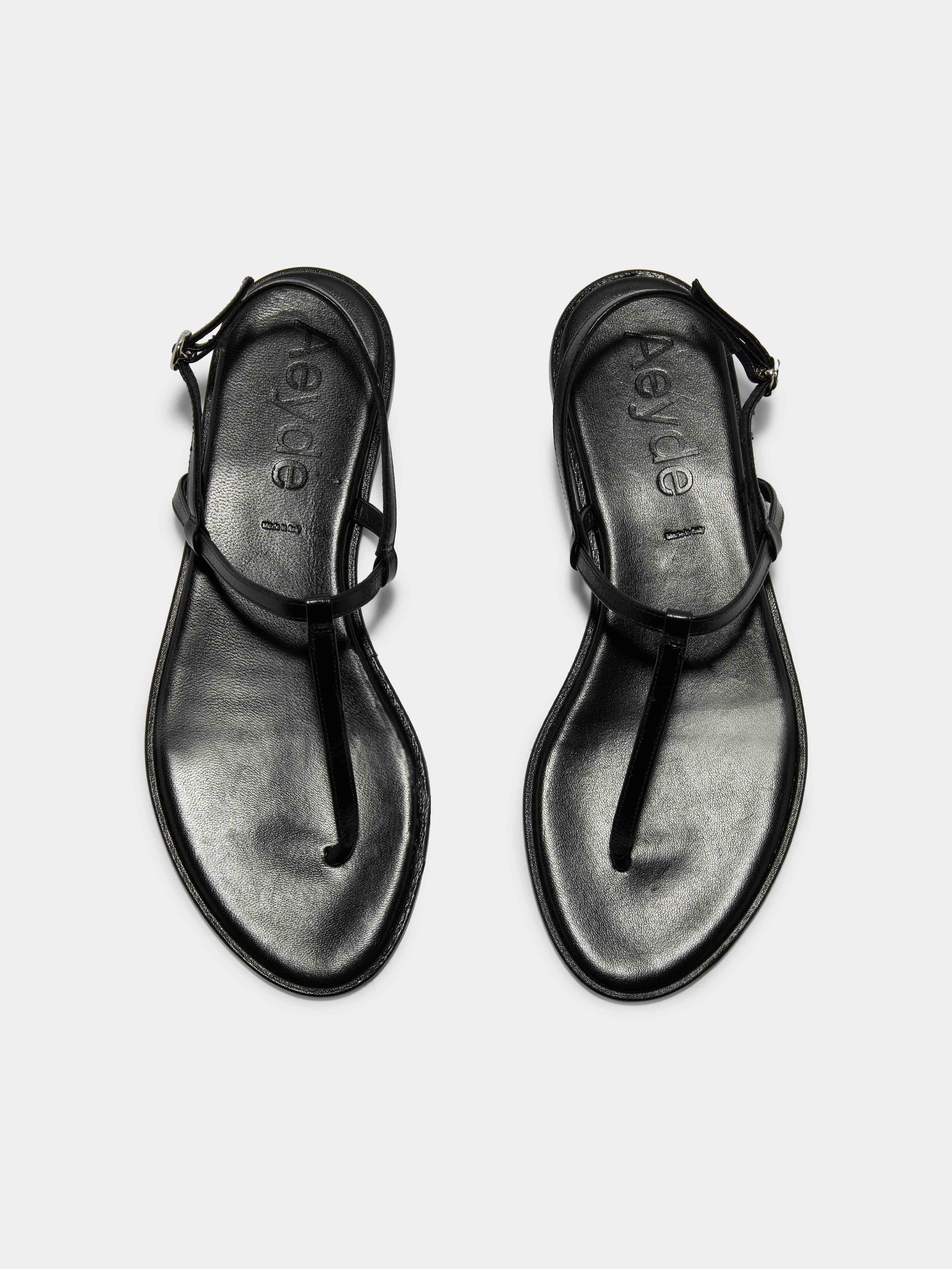 Aeyde | Nala T-Bar Sandals Leather Flat Sandals for Women | Black Nappa | Round Toe | Flat Heel | Front View
