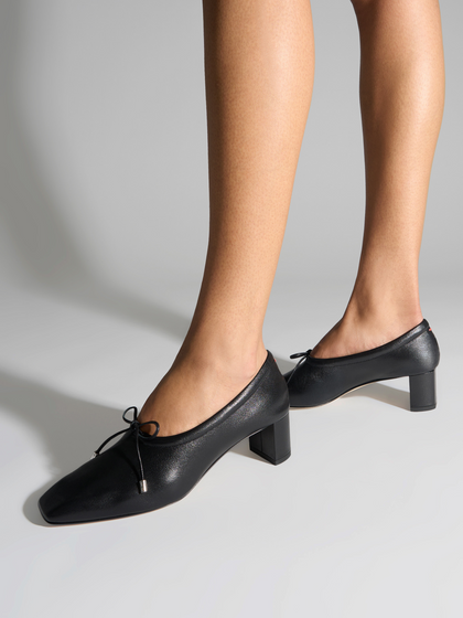 Aeyde | Narissa Glove Leather Pumps for Women | Black Lambskin | Square Toe | Mid Heel | On Feet
