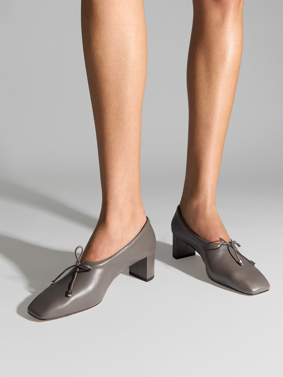 Aeyde | Narissa Glove Leather Pumps for Women | Taupe Lambskin | Square Toe | Mid Heel | On Feet