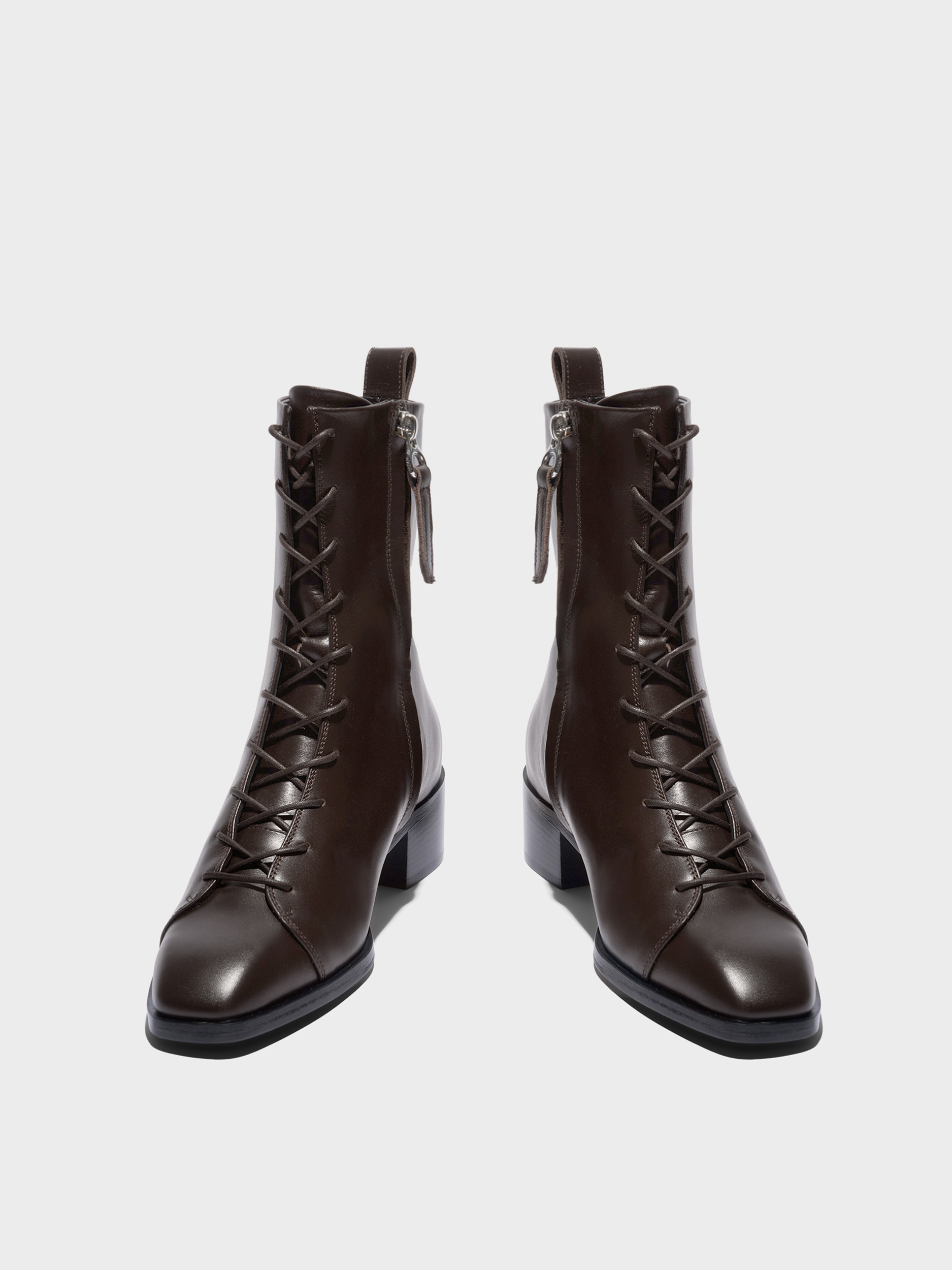 Aeyde | Noel Leather Ankle Boots Leather Ankle Boots for Women | Moka Calf | Square Toe | Low Heel | Front View