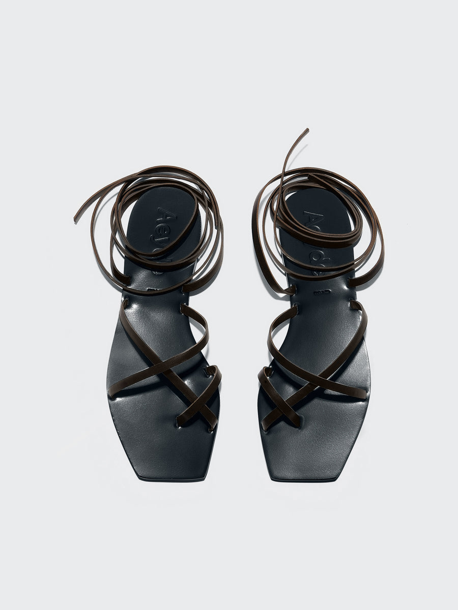 Aeyde | Norah Leather Flat Sandals for Women | Moka Calf | Square Toe | Flat Heel | Front View