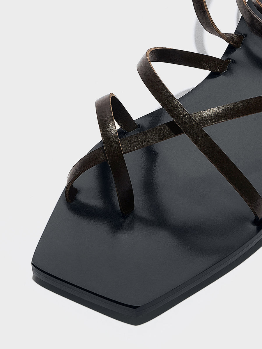 Aeyde | Norah Leather Flat Sandals for Women | Moka Calf | Square Toe | Flat Heel | Heel Details