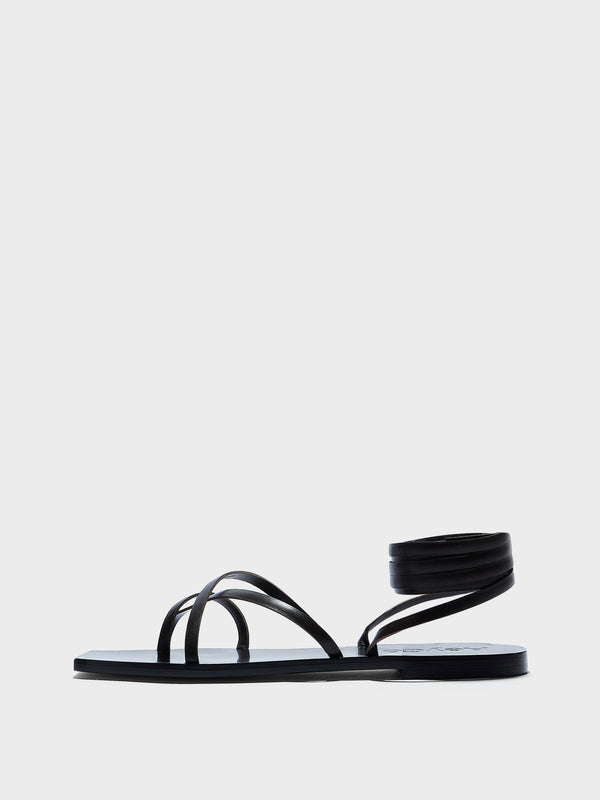 Aeyde | Norah Leather Flat Sandals for Women | Black Calf | Square Toe | Flat Heel | Side View