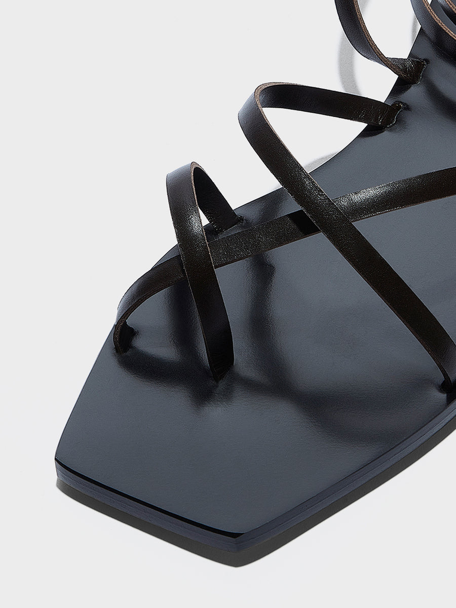Aeyde | Norah Leather Flat Sandals for Women | Black Calf | Square Toe | Flat Heel | Heel Details