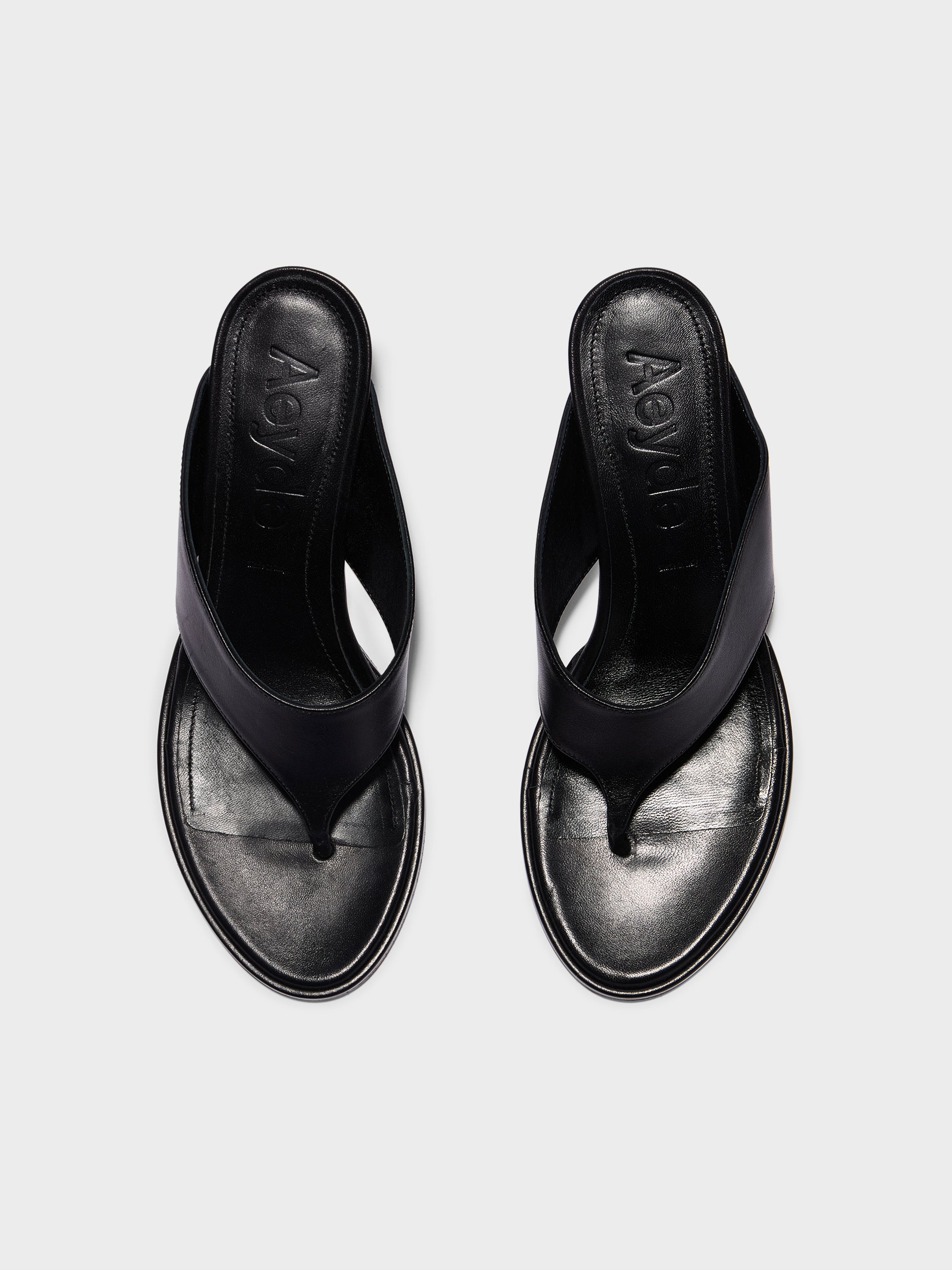 Aeyde | Olenna Leather Heeled Sandals for Women | Black Nappa | Round Toe | Mid Heel | Front View