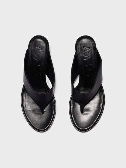 Aeyde | Olenna Leather Heeled Sandals for Women | Black Nappa | Round Toe | Mid Heel | Front View