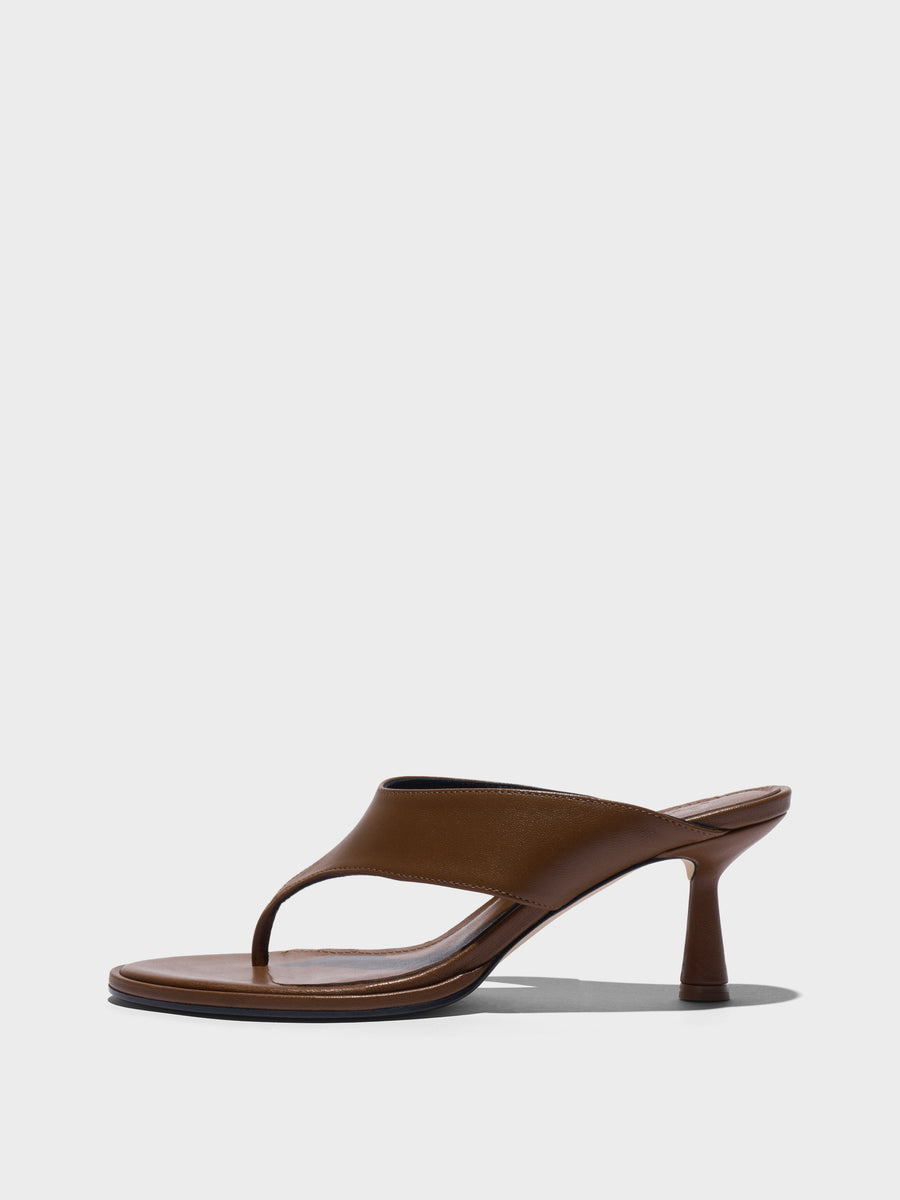 Aeyde | Olenna Leather Heeled Sandals for Women | Tobacco Nappa | Round Toe | Mid Heel | Side View
